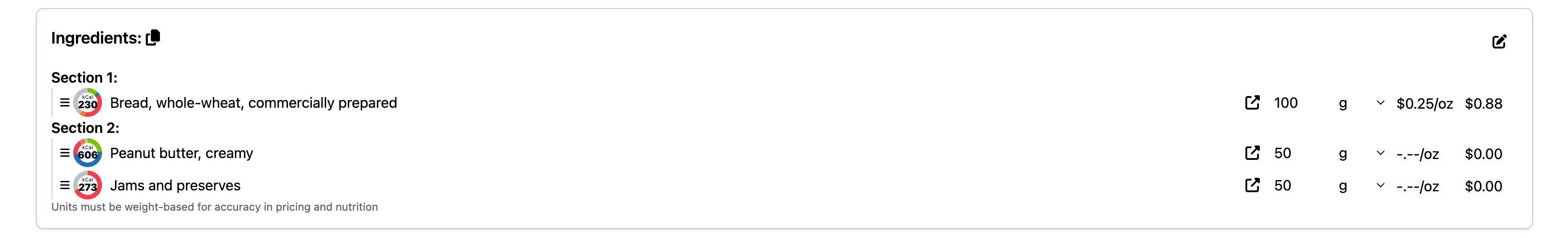 The KitchenSync Ingredient Sections